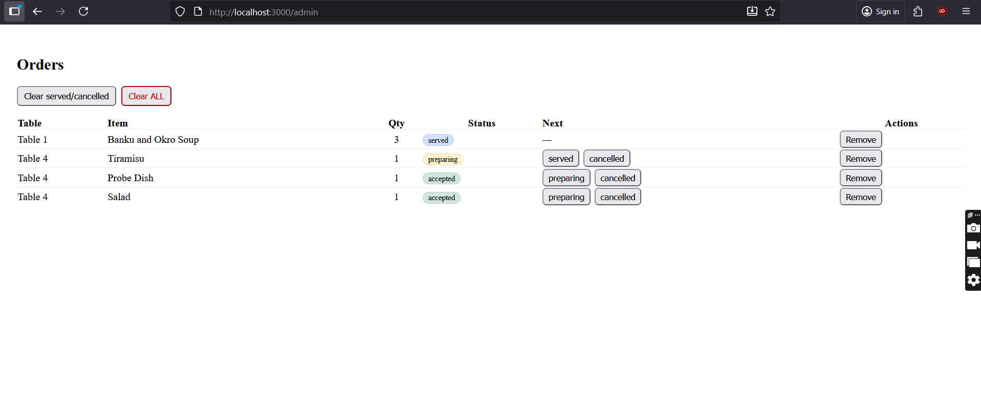 Admin orders dashboard with status controls