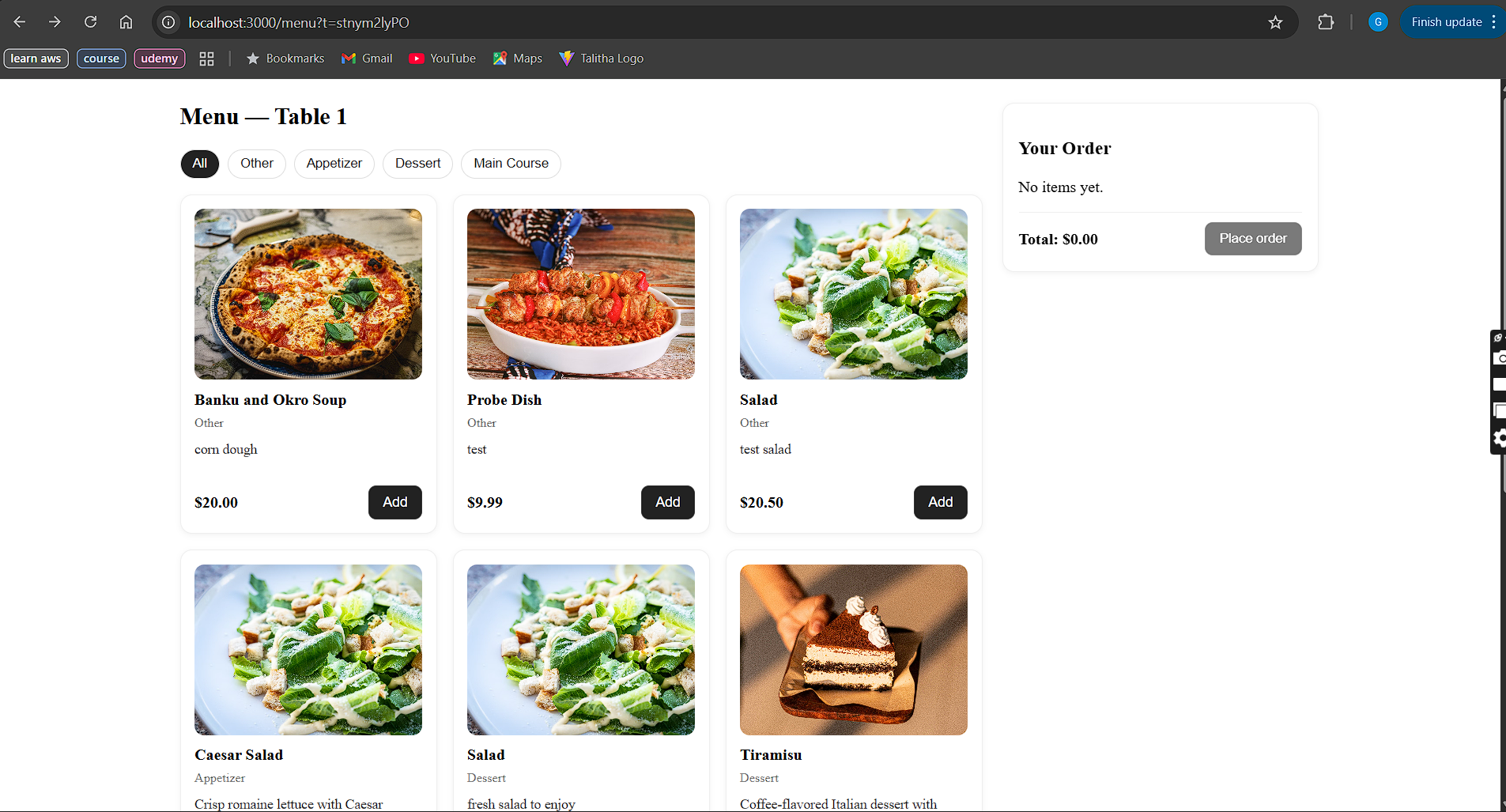 Customer menu and cart UI